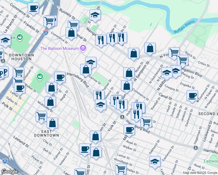 map of restaurants, bars, coffee shops, grocery stores, and more near 215 Velasco Street in Houston