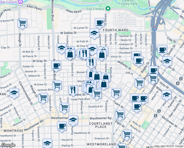 map of restaurants, bars, coffee shops, grocery stores, and more near 202 Willard Street in Houston