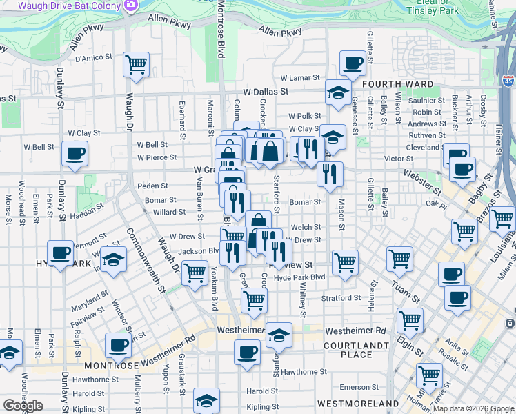 map of restaurants, bars, coffee shops, grocery stores, and more near 718 Willard Street in Houston