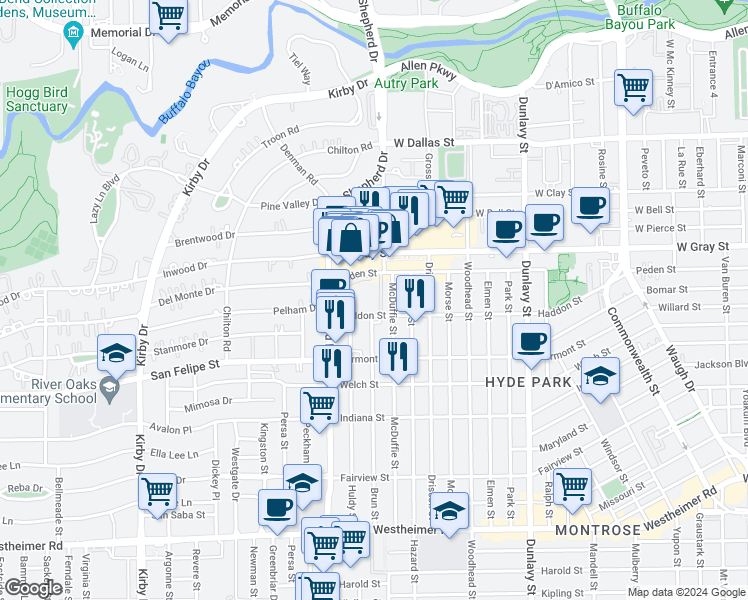 map of restaurants, bars, coffee shops, grocery stores, and more near 1700 Brun Street in Houston