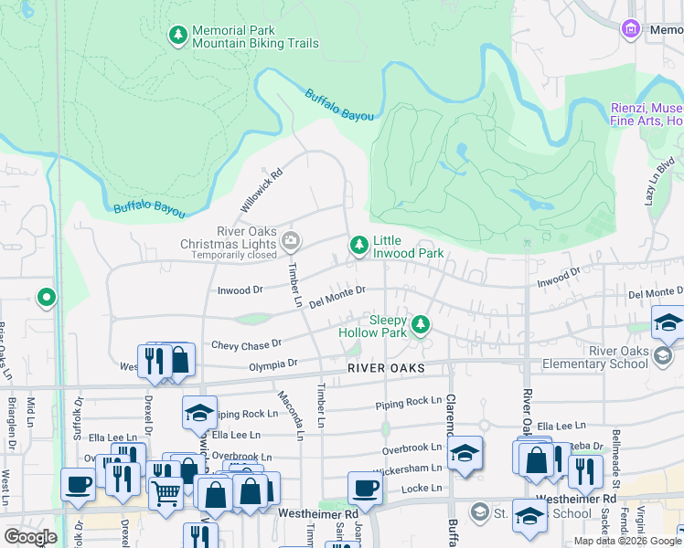 map of restaurants, bars, coffee shops, grocery stores, and more near 3620 Del Monte Drive in Houston
