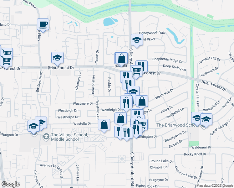 map of restaurants, bars, coffee shops, grocery stores, and more near 1638 Bradney Drive in Houston