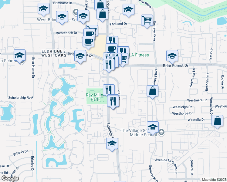 map of restaurants, bars, coffee shops, grocery stores, and more near 1725 Eldridge Parkway in Houston