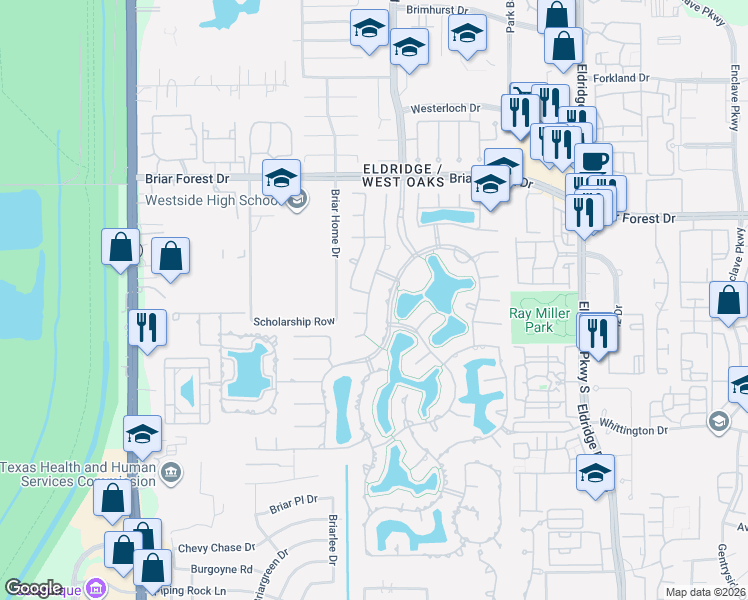 map of restaurants, bars, coffee shops, grocery stores, and more near 14018 Barnhart Boulevard in Houston