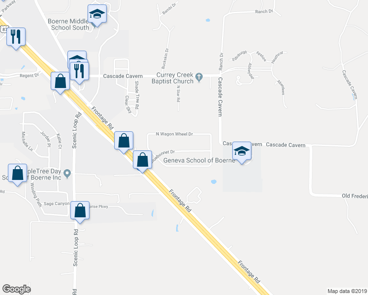 map of restaurants, bars, coffee shops, grocery stores, and more near 216 Bluebonnet Drive in Boerne