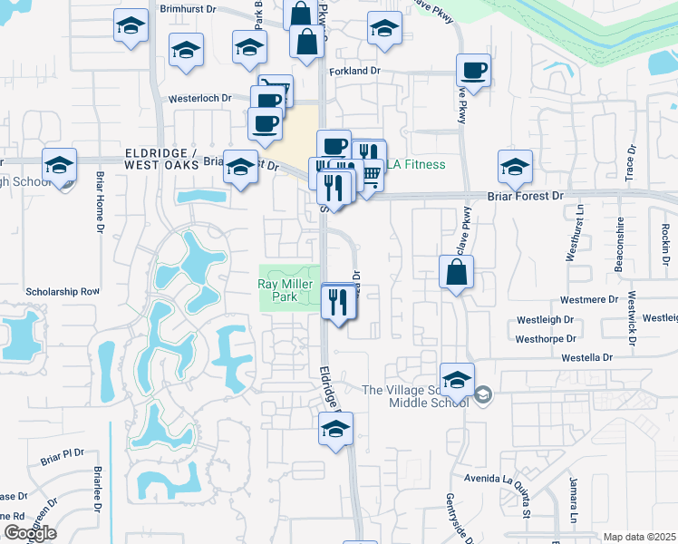 map of restaurants, bars, coffee shops, grocery stores, and more near 1725 Eldridge Parkway in Houston