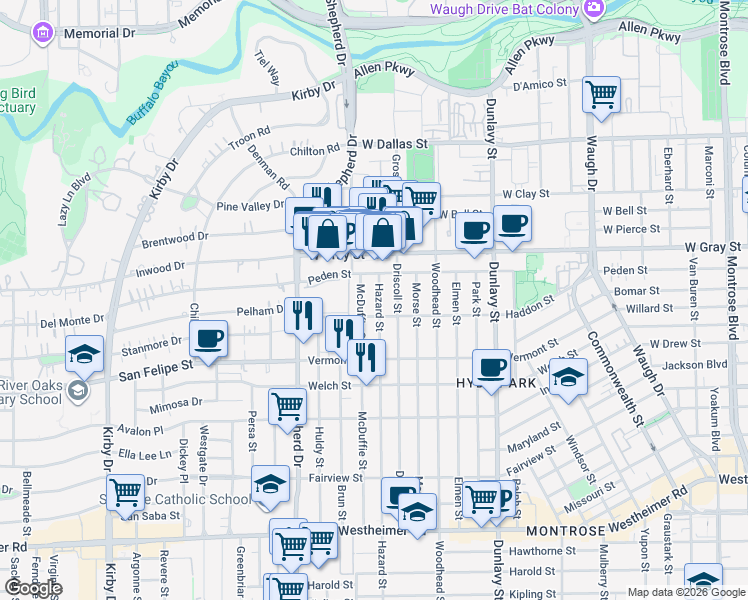 map of restaurants, bars, coffee shops, grocery stores, and more near 1614 Hazard Street in Houston