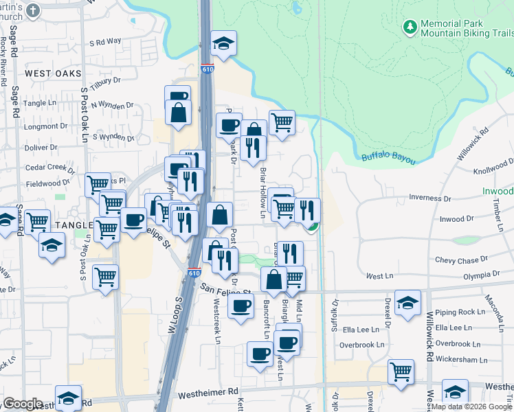 map of restaurants, bars, coffee shops, grocery stores, and more near 20 Briar Hollow Lane in Houston