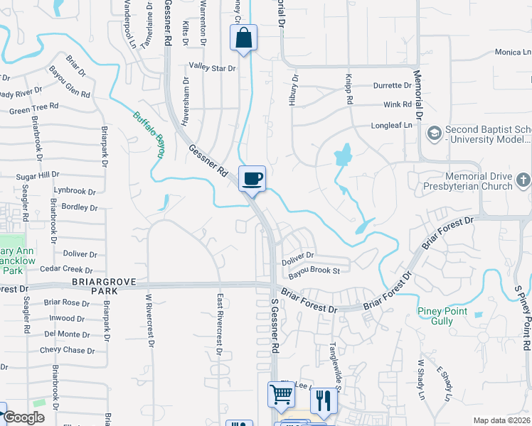 map of restaurants, bars, coffee shops, grocery stores, and more near 1146 Bayou Island Drive in Houston
