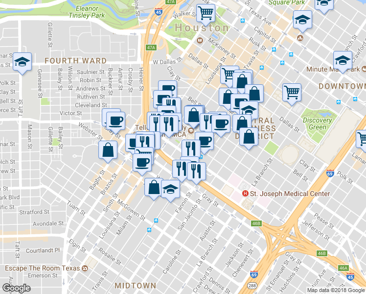 map of restaurants, bars, coffee shops, grocery stores, and more near 801 Saint Joseph Parkway in Houston