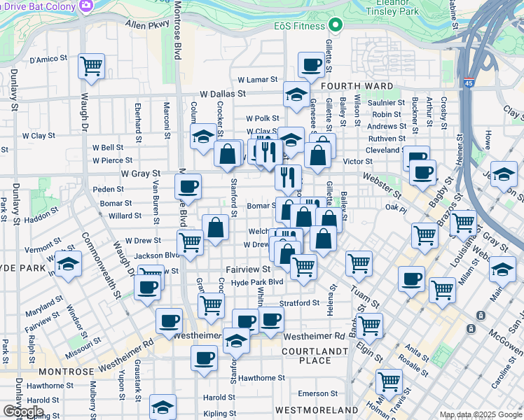 map of restaurants, bars, coffee shops, grocery stores, and more near 1901 Whitney Street in Houston