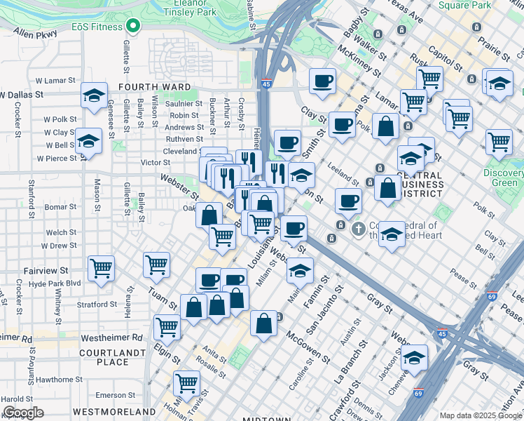 map of restaurants, bars, coffee shops, grocery stores, and more near in Houston