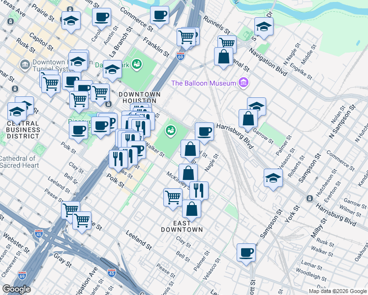 map of restaurants, bars, coffee shops, grocery stores, and more near 713 Saint Charles Street in Houston