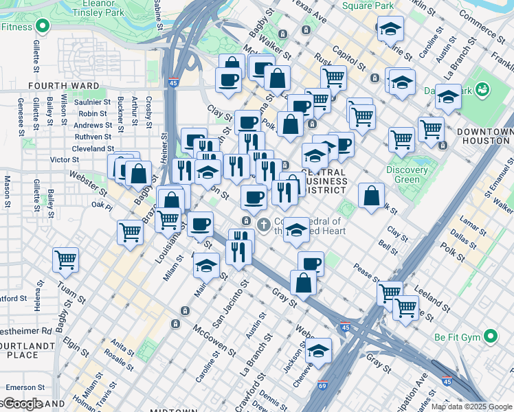 map of restaurants, bars, coffee shops, grocery stores, and more near 1720 Main street in Houston