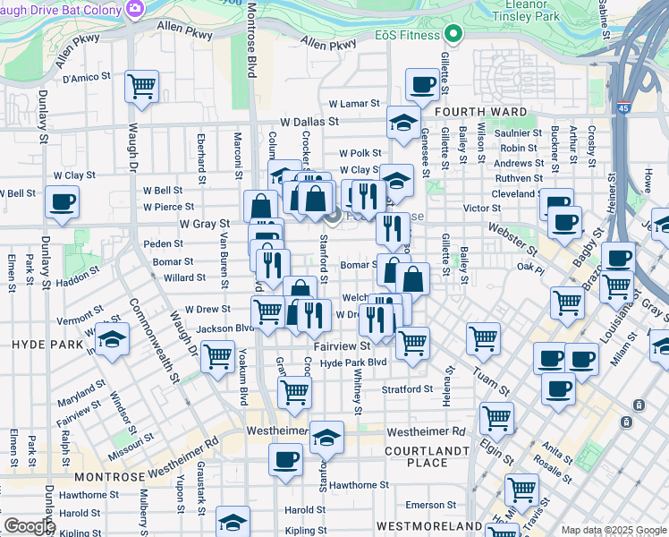 map of restaurants, bars, coffee shops, grocery stores, and more near 520 Willard Street in Houston