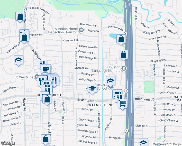 map of restaurants, bars, coffee shops, grocery stores, and more near 10627 Bordley Drive in Houston