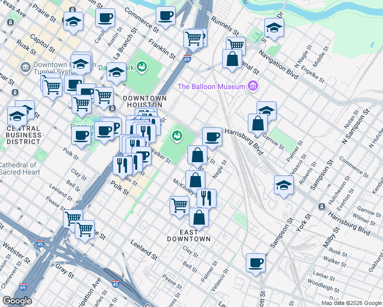 map of restaurants, bars, coffee shops, grocery stores, and more near 713 Saint Charles Street in Houston