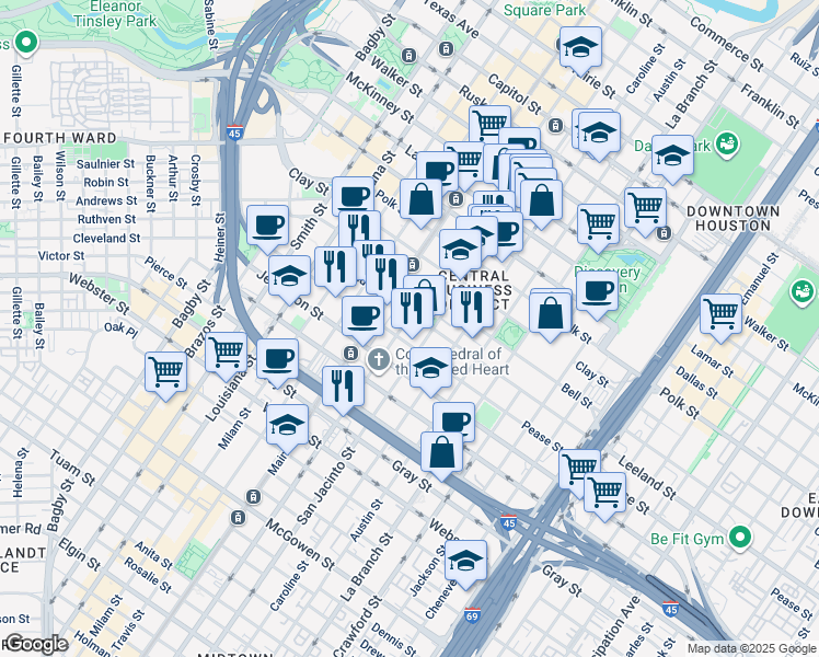 map of restaurants, bars, coffee shops, grocery stores, and more near 1617 Fannin Street in Houston