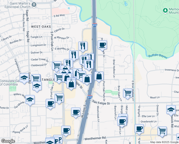map of restaurants, bars, coffee shops, grocery stores, and more near 1640 West Loop South Freeway in Houston
