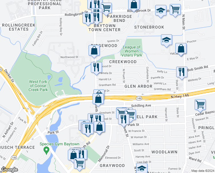 map of restaurants, bars, coffee shops, grocery stores, and more near 703 Grantham Road in Baytown
