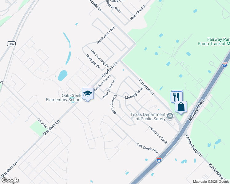 map of restaurants, bars, coffee shops, grocery stores, and more near 368 Ibis Falls Drive in New Braunfels