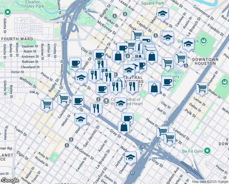 map of restaurants, bars, coffee shops, grocery stores, and more near 1617 Fannin Street in Houston