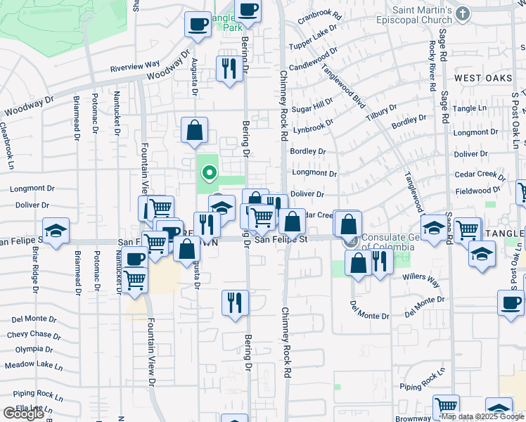 map of restaurants, bars, coffee shops, grocery stores, and more near 1615 Bering Drive in Houston