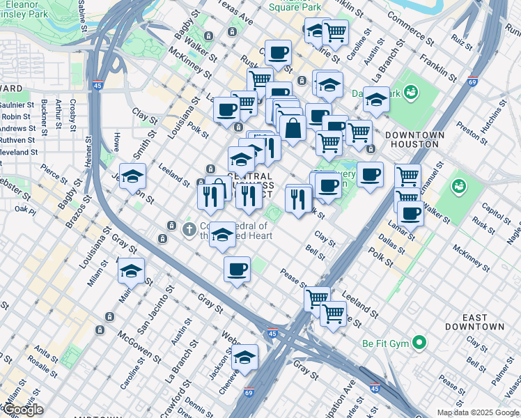 map of restaurants, bars, coffee shops, grocery stores, and more near 1400 Clay Street in Houston