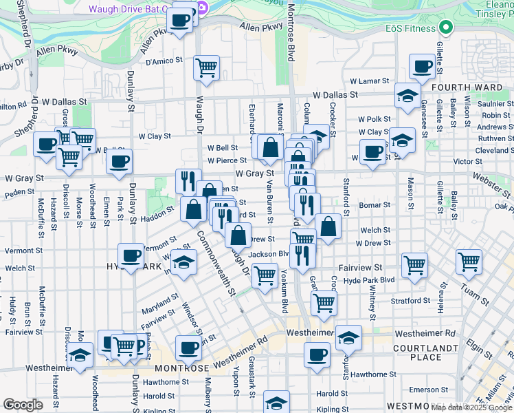 map of restaurants, bars, coffee shops, grocery stores, and more near 1203 Willard Street in Houston