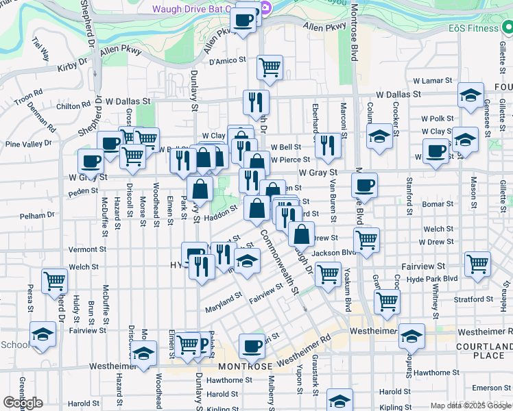 map of restaurants, bars, coffee shops, grocery stores, and more near in Houston