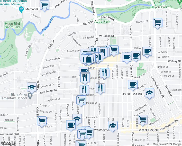map of restaurants, bars, coffee shops, grocery stores, and more near 1601 Shepherd Drive in Houston