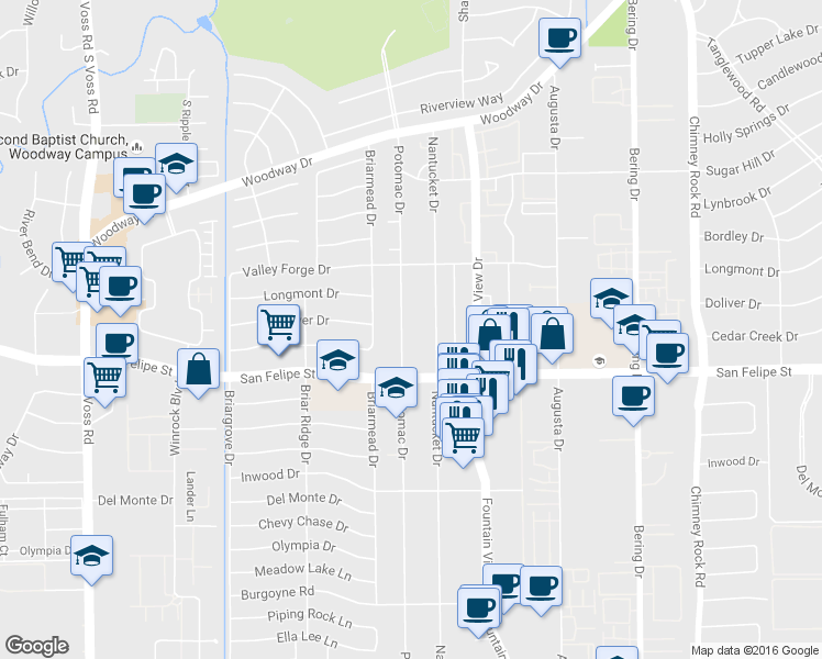 map of restaurants, bars, coffee shops, grocery stores, and more near 1605a Potomac Drive in Houston