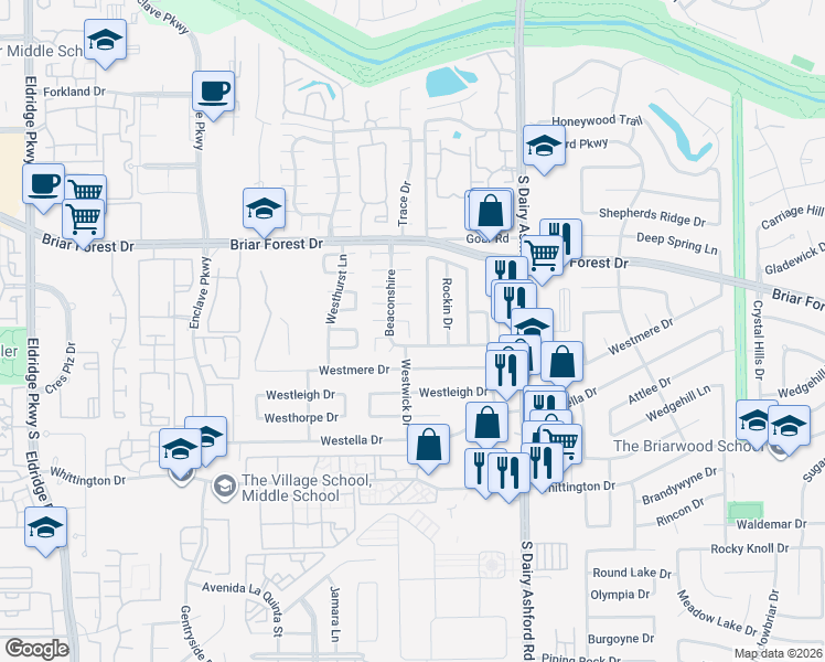map of restaurants, bars, coffee shops, grocery stores, and more near 1638 Ainsdale Drive in Houston