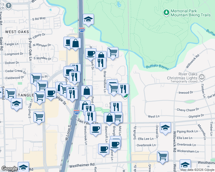 map of restaurants, bars, coffee shops, grocery stores, and more near 4552 Post Oak Place Drive in Houston