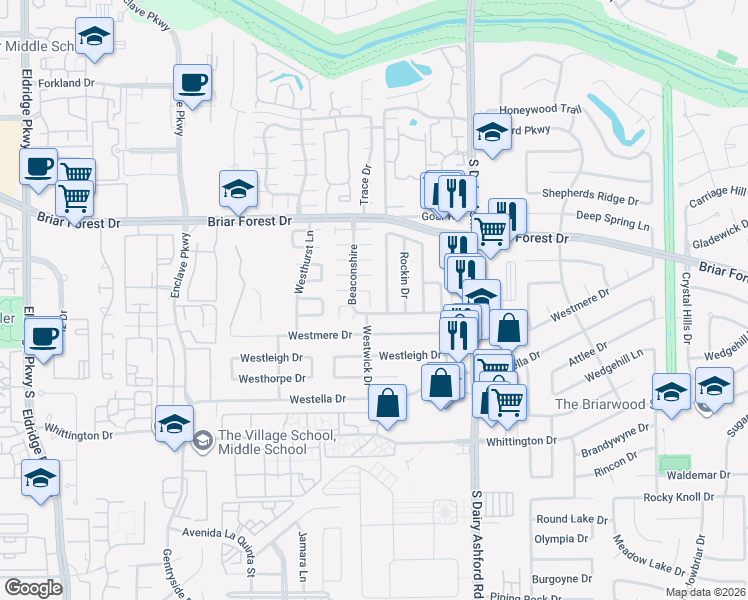 map of restaurants, bars, coffee shops, grocery stores, and more near 1638 Ainsdale Drive in Houston