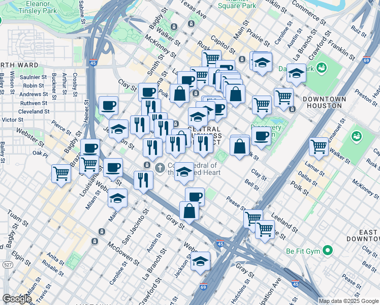 map of restaurants, bars, coffee shops, grocery stores, and more near 1617 San Jacinto Street in Houston