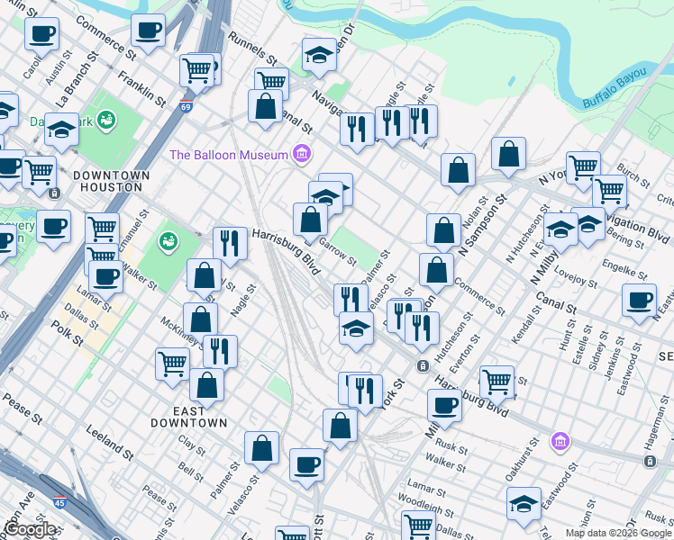 map of restaurants, bars, coffee shops, grocery stores, and more near 3000 Hawkins Street in Houston