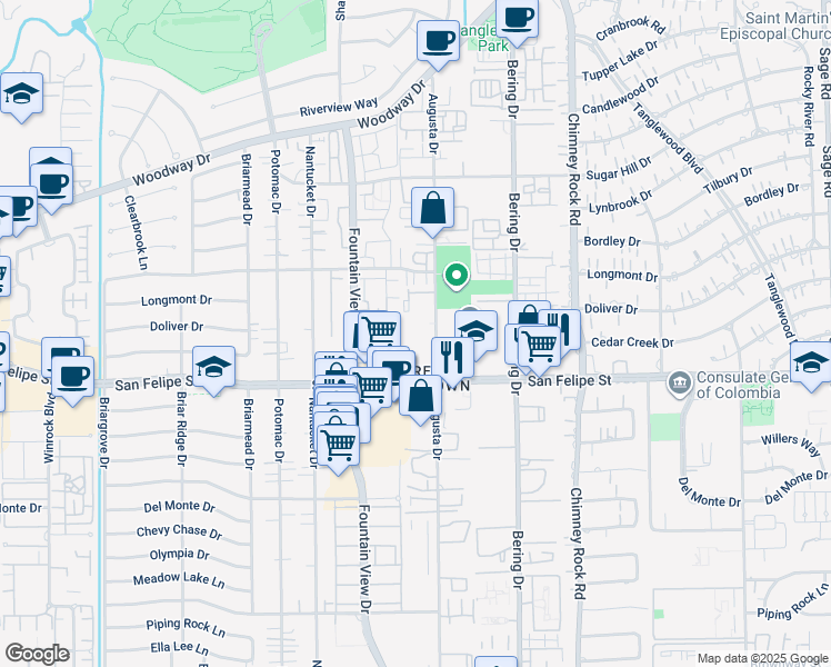 map of restaurants, bars, coffee shops, grocery stores, and more near 1600 Augusta Drive in Houston