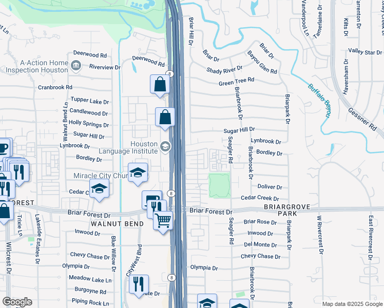 map of restaurants, bars, coffee shops, grocery stores, and more near 10258 Longmont Drive in Houston