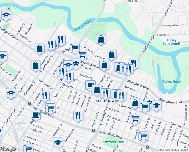 map of restaurants, bars, coffee shops, grocery stores, and more near 4410 Navigation Boulevard in Houston