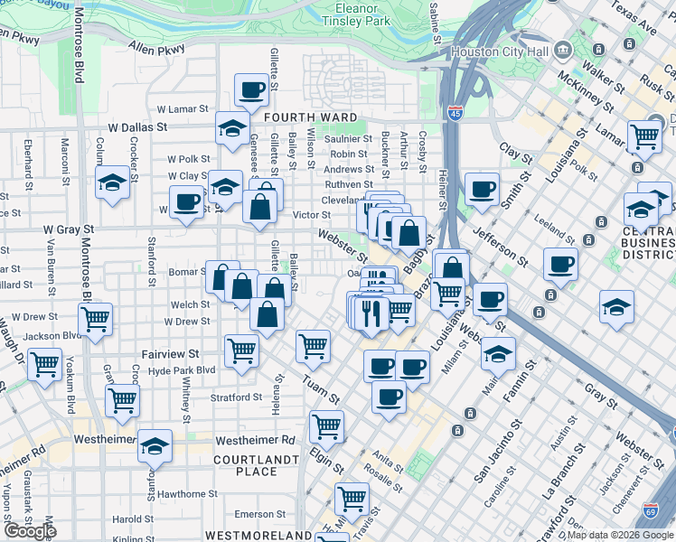 map of restaurants, bars, coffee shops, grocery stores, and more near 5 Oak Court in Houston