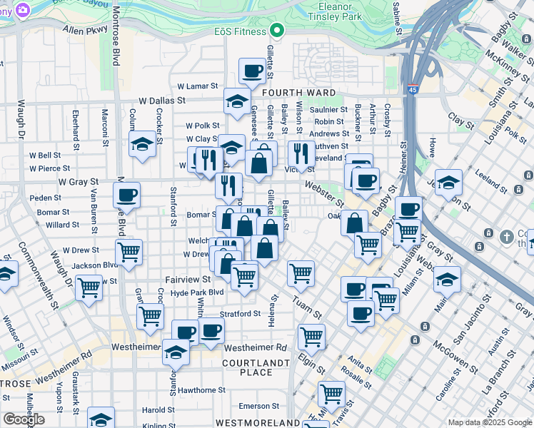 map of restaurants, bars, coffee shops, grocery stores, and more near 7ST Stone Brook Lane in Houston