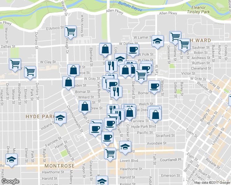 map of restaurants, bars, coffee shops, grocery stores, and more near 908 Willard Street in Houston