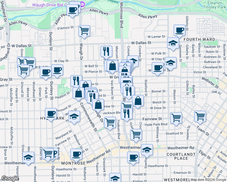 map of restaurants, bars, coffee shops, grocery stores, and more near 1203 Willard Street in Houston