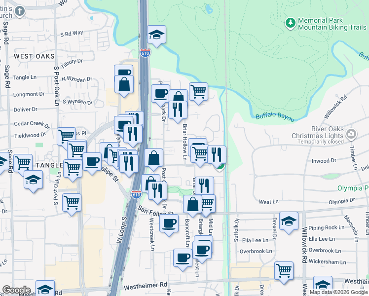 map of restaurants, bars, coffee shops, grocery stores, and more near 20 Briar Hollow Lane in Houston