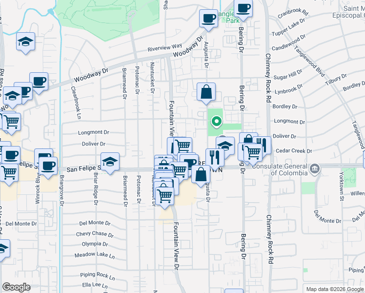 map of restaurants, bars, coffee shops, grocery stores, and more near 1617 Fountain View Drive in Houston