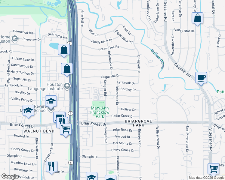 map of restaurants, bars, coffee shops, grocery stores, and more near 10114 Valley Forge Drive in Houston