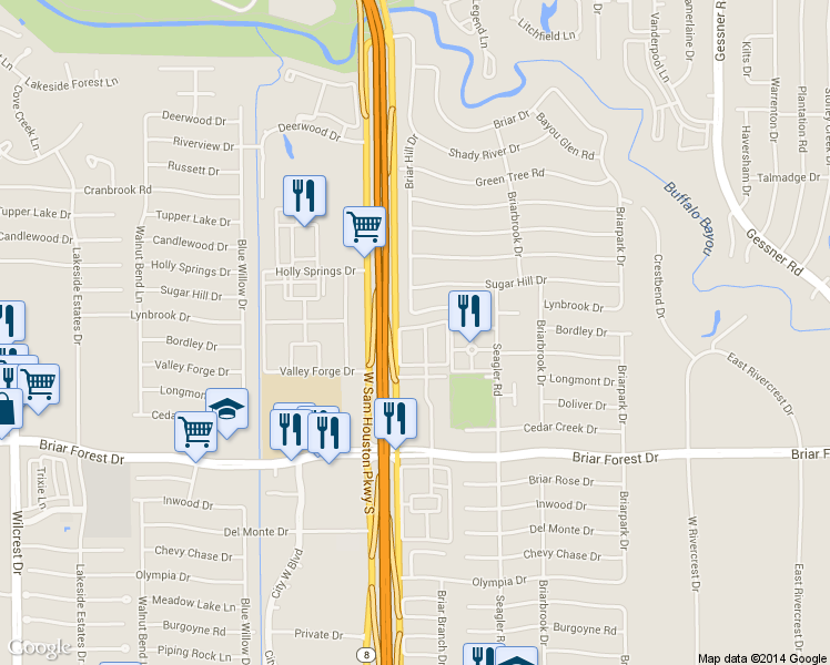 map of restaurants, bars, coffee shops, grocery stores, and more near 10258 Longmont Drive in Houston