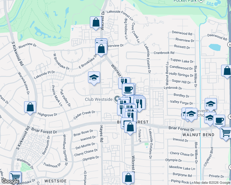 map of restaurants, bars, coffee shops, grocery stores, and more near 1200 Wilcrest Drive in Houston