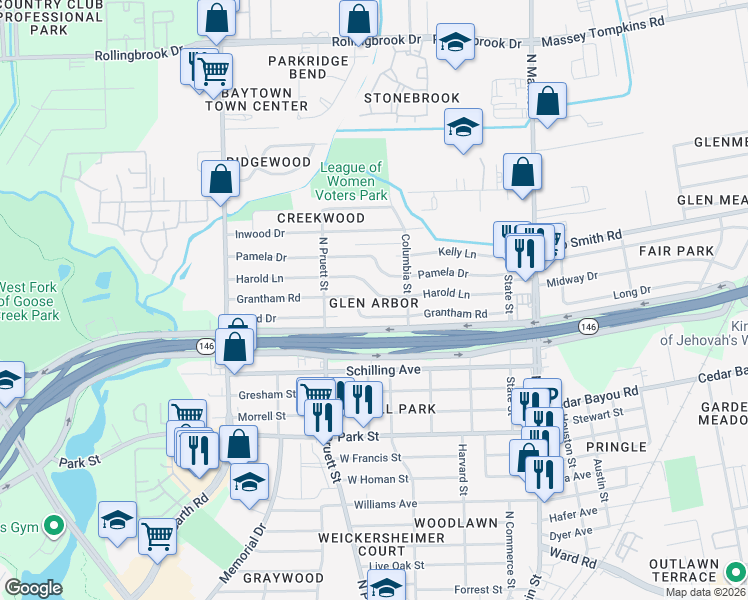 map of restaurants, bars, coffee shops, grocery stores, and more near 417 Grantham Road in Baytown